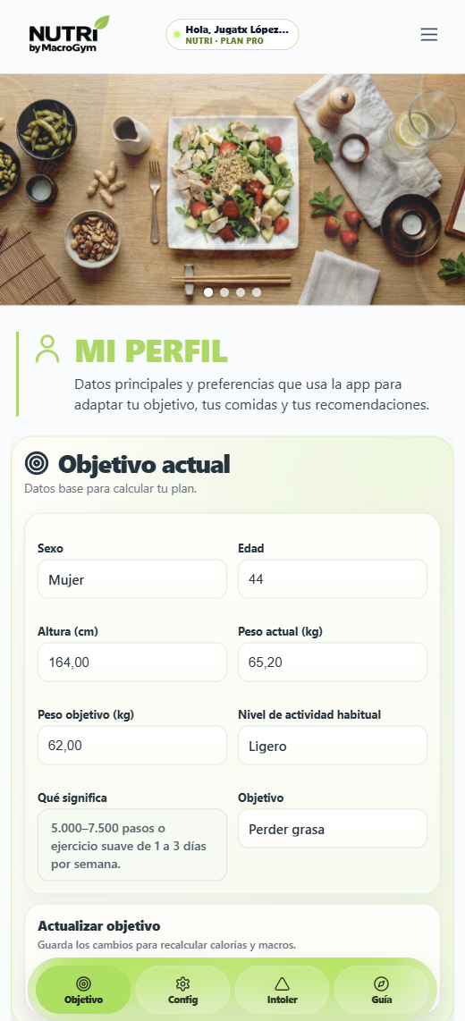 NUTRI · Mi Perfil · Objetivo actual