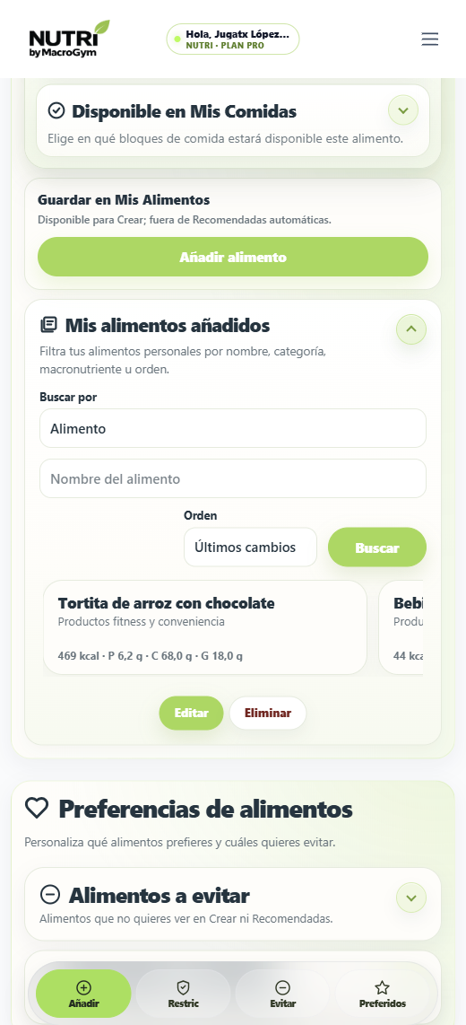 NUTRI · Mis Alimentos · Añadir y gestionar alimentos